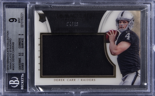 2014 Panini Immaculate Collection "Immaculate Standard" #ISDC Derek Carr Jersey Rookie Card (#04/49) - BGS MINT 9